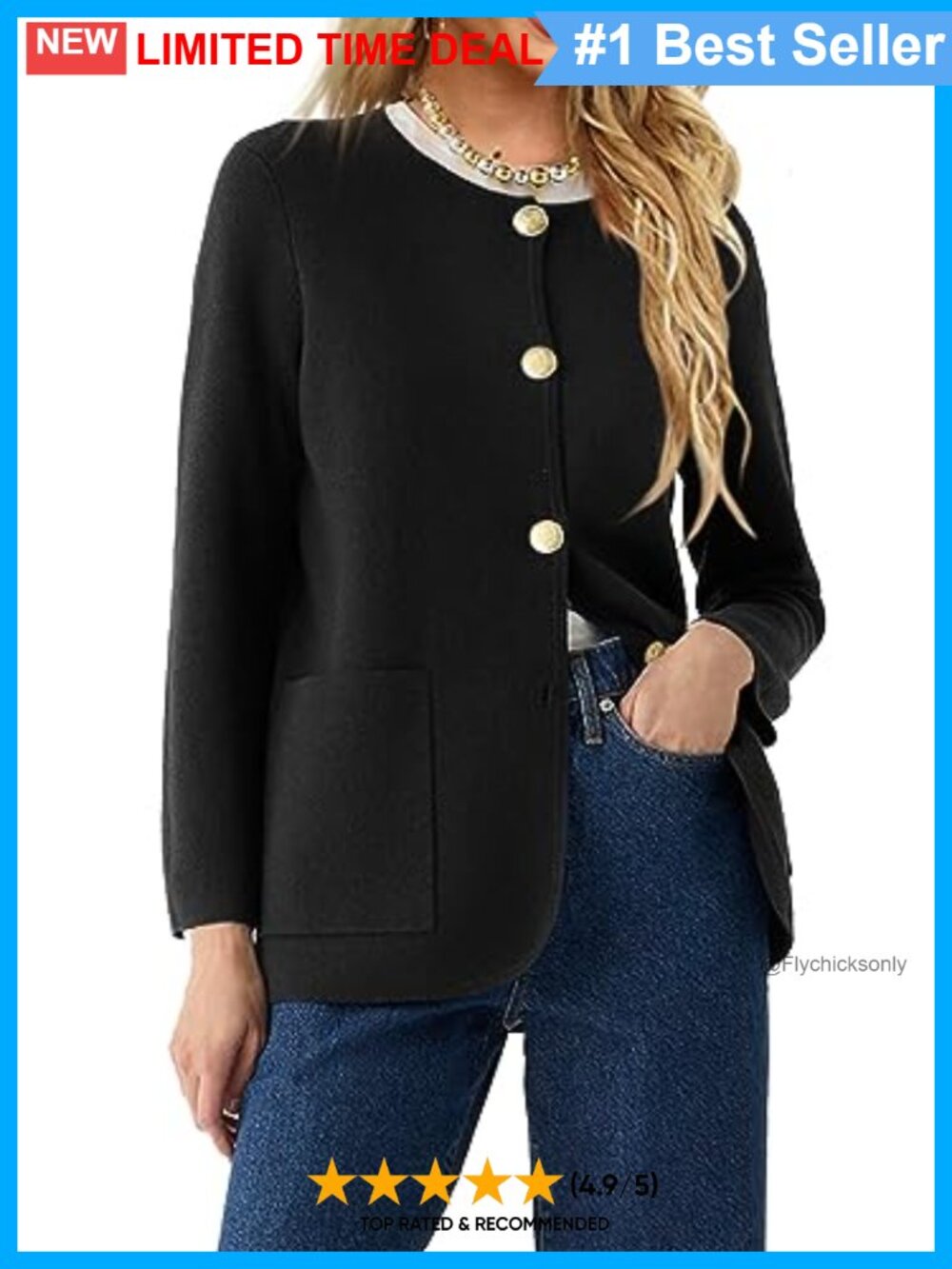 Crew Neck Button Down Knit Blazer Cardigan Sweater with Pockets